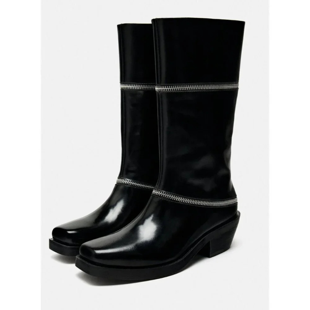 NWT Zara Black ZIPPERED LEATHER  Mid Calf Boots 6